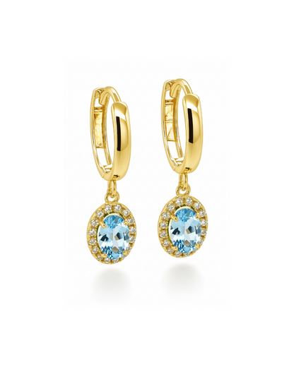 14k Yellow Gold Halo Oval Shaped Birthstone Huggie Earrings for Women
