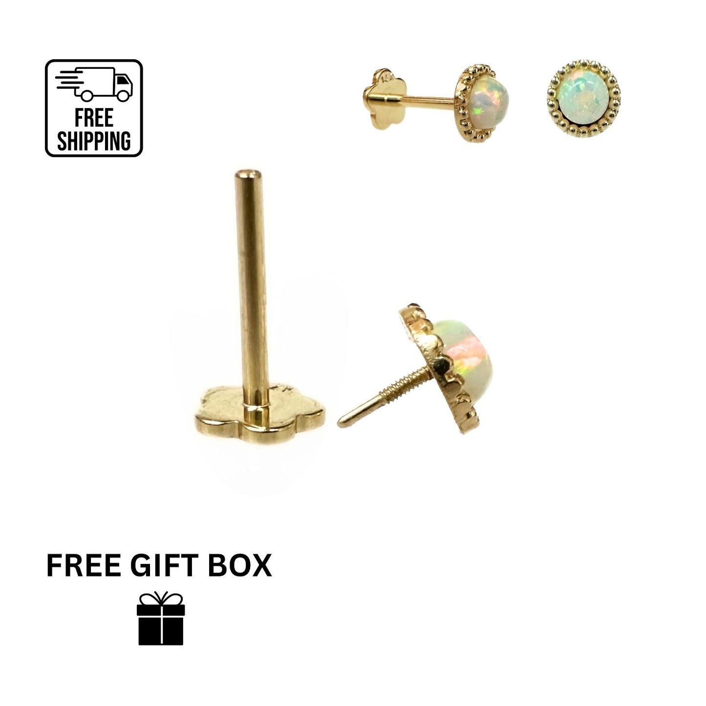 14K Yellow Gold Round Opal Stone Cartilage Barbell Earring With Screw Back