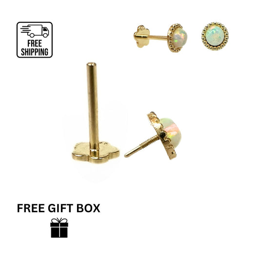 14K Yellow Gold Round Opal Stone Cartilage Barbell Earring With Screw Back