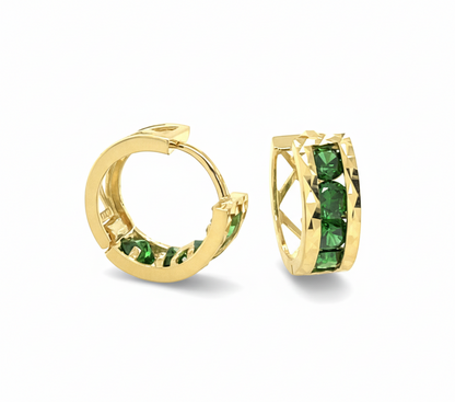 14k Yellow Gold Diamond Cut with Birthstone Huggie Earrings