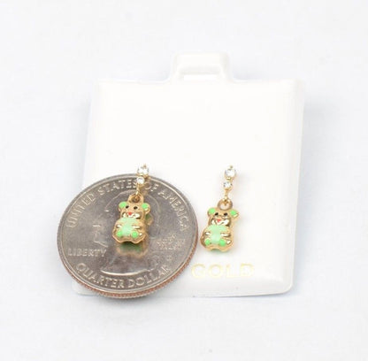 14K Solid Yellow Gold Teddy Bear Dangle Earring with Enamel