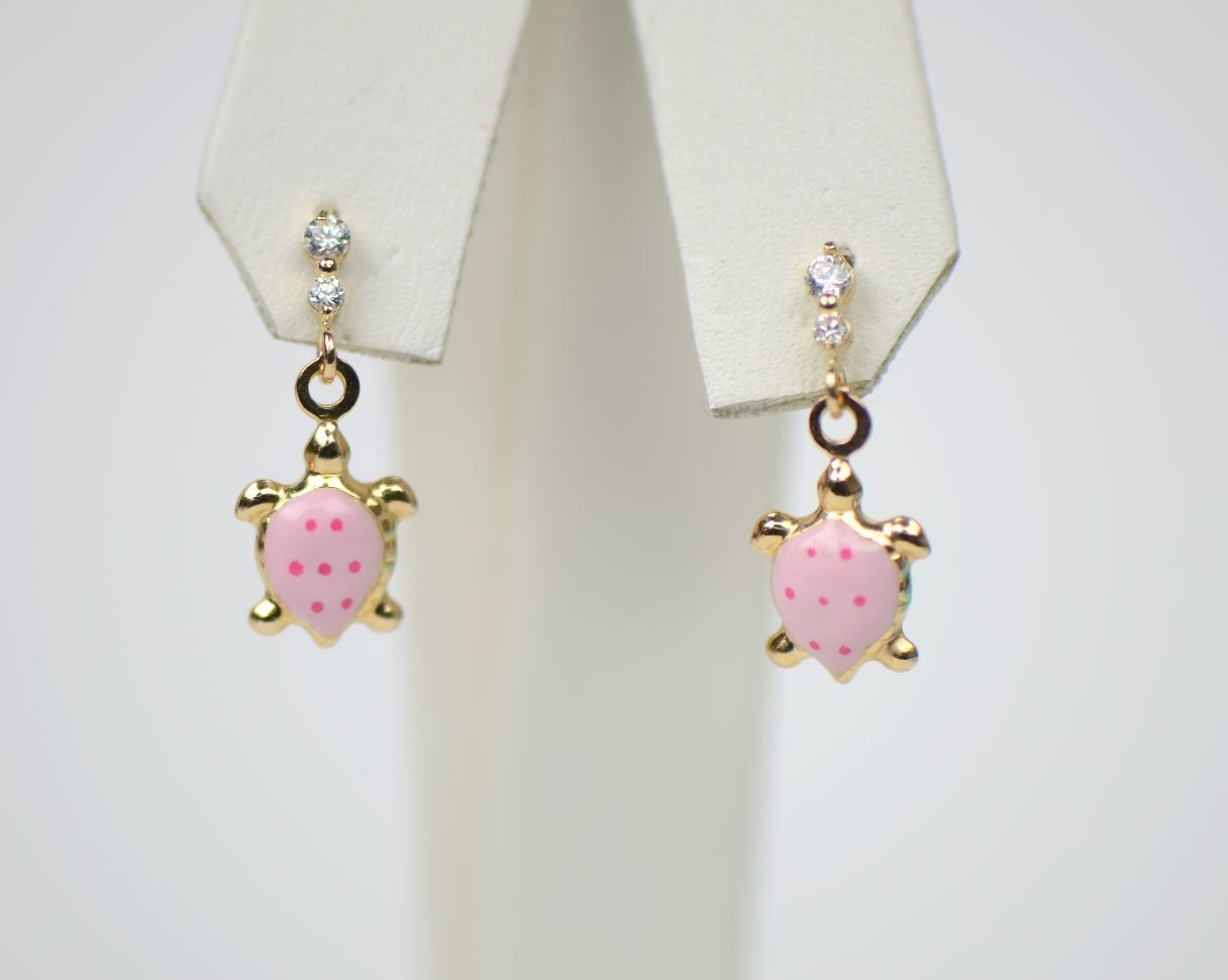 14K Solid Yellow Gold Turtle Enamel Dangle Screw Back Baby Earrings