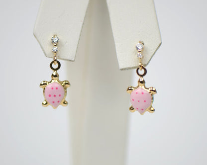 14K Solid Yellow Gold Turtle Enamel Dangle Screw Back Baby Earrings