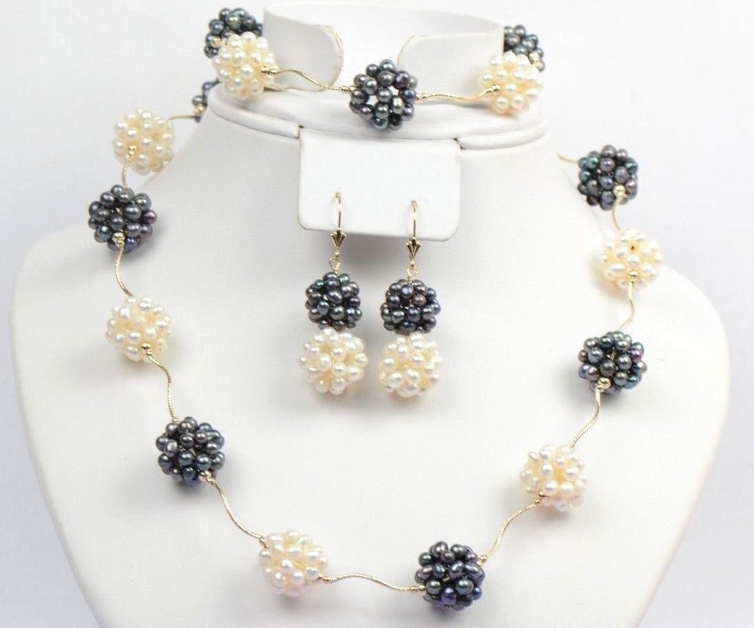 14k Yellow Gold Genuine dyed Pearl Jewelry set (necklace,bracelet,earrings)