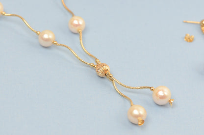 14k Yellow Gold Natural White Pearls 3pcs Women Set:Necklace, Bracelet, Earrings