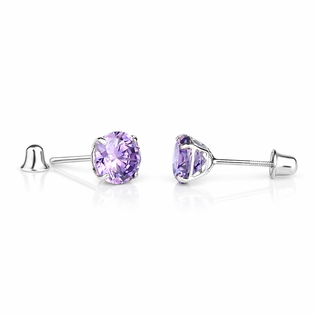 14K Solid White Gold 6mm Round Birthstone Stud Earrings with screw back