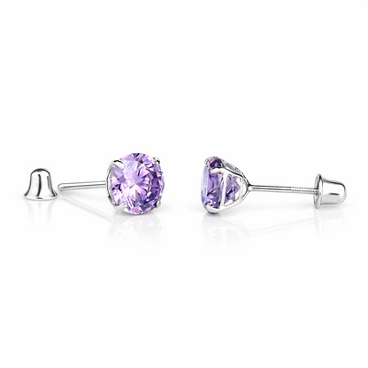 14K Solid White Gold 6mm Round Birthstone Stud Earrings with screw back