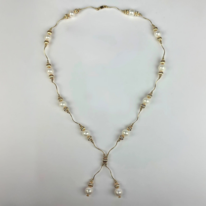 14K Yellow Gold Genuine White Pearls Necklace for Women Elegant  Jewelry Gift