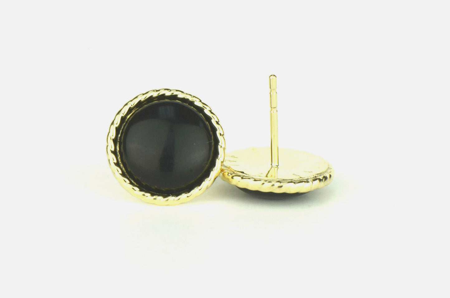 14K Yellow & White Gold Flat Onyx Stud Earrings for Women