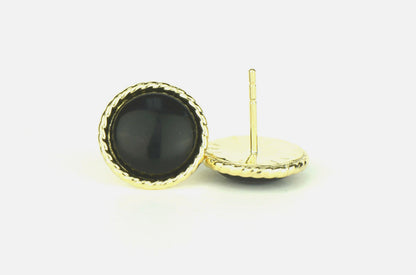 14K Yellow & White Gold Flat Onyx Stud Earrings for Women