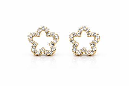 14K Yellow & White Gold Flower CZ Stud Earrings for Women