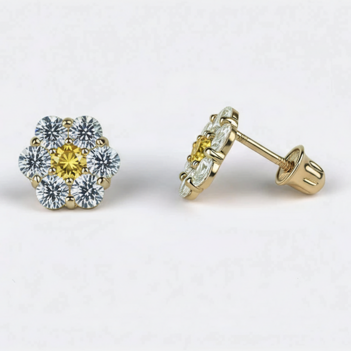 14K Yellow Gold Beautiful Flower CZ Stud Earrings for Women
