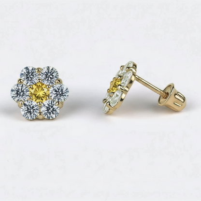 14K Yellow Gold Beautiful Flower CZ Stud Earrings for Women