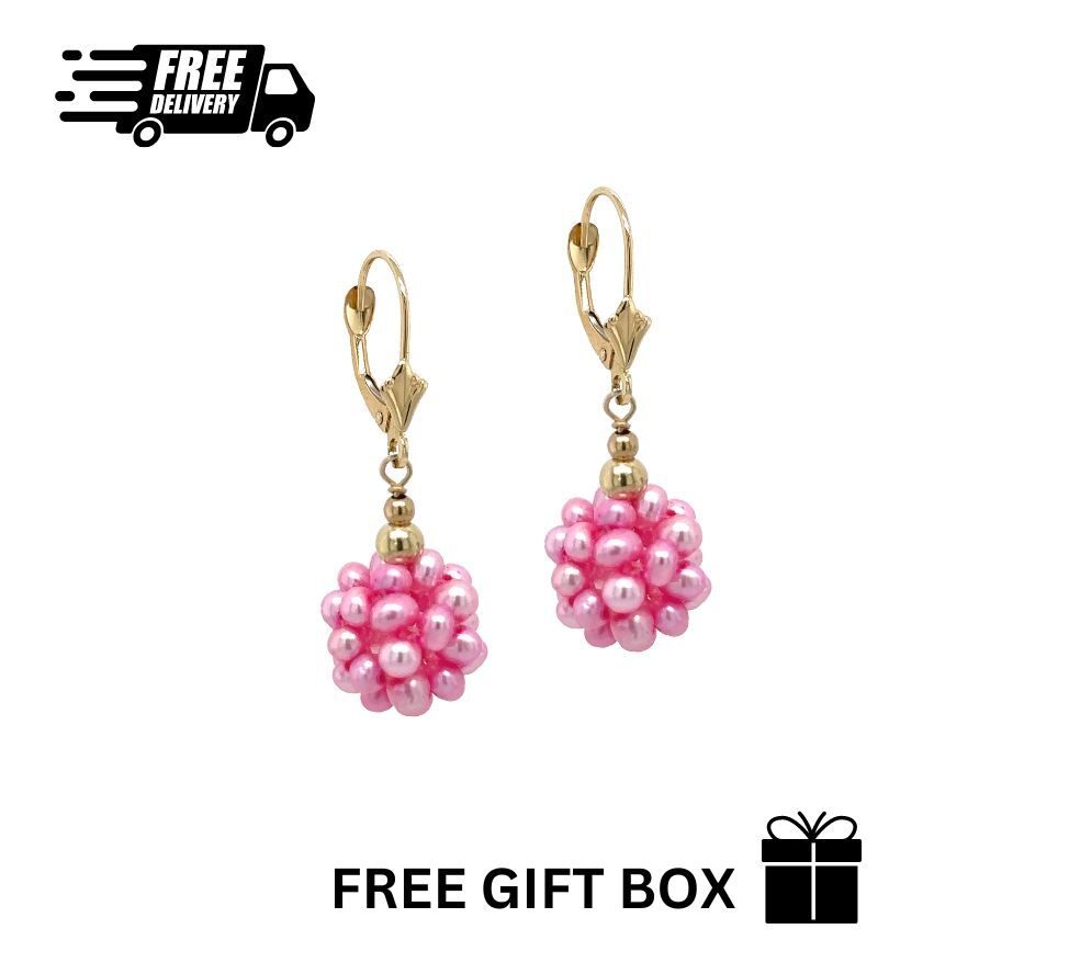 14k Yellow Gold Dangle Freshwater Pearl Cluster Leverback Earrings