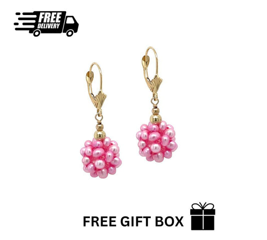 14k Yellow Gold Dangle Freshwater Pearl Cluster Leverback Earrings