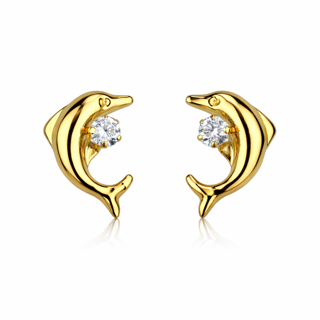14k yellow gold dolphin earrings stud cz