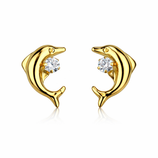 14k yellow gold dolphin earrings stud cz