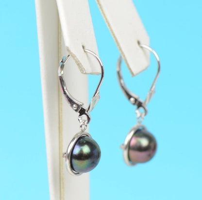 14k Yellow Gold Leverback Dangle Black Natural Pearl Earrings