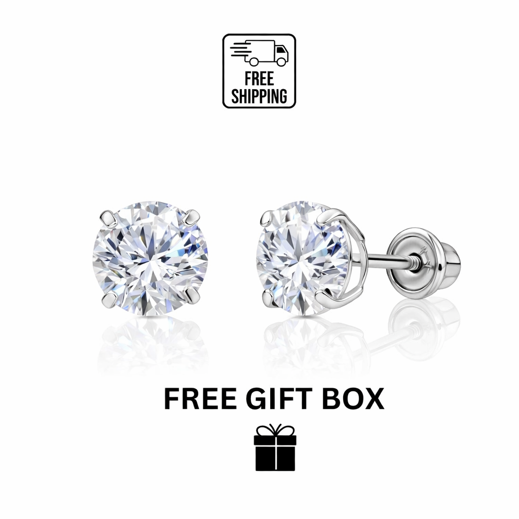 CZ Stud Earring Round cut in 14k white gold Screw back