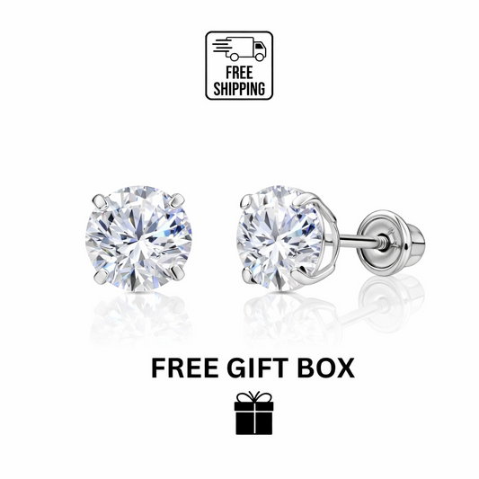 CZ Stud Earring Round cut in 14k white gold Screw back