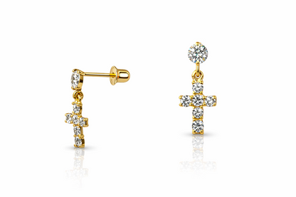 14K Yellow White Gold Cubic Zirconia CZ Cross Dangle Earrings
