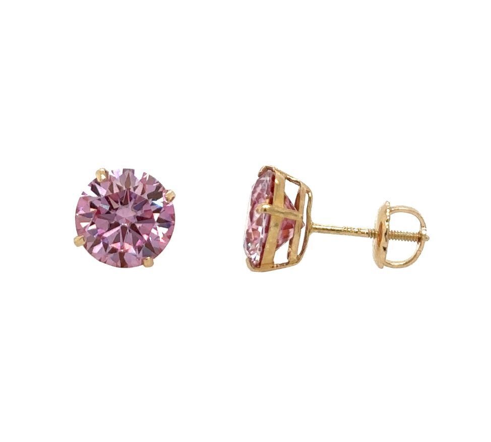 14K Gold GRA Certified D-VVS1 Round Pink Moissanite Screw Back Studs Earrings