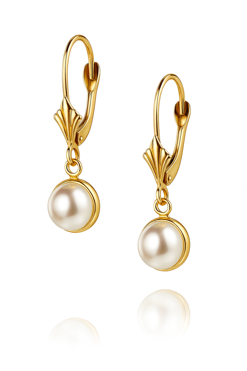 14k Yellow Gold Genuine White Natural Pearl Dangle Earrings