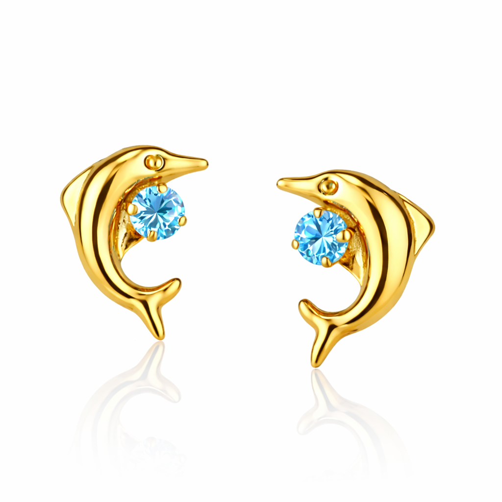 14k yellow gold dolphin earrings stud cz