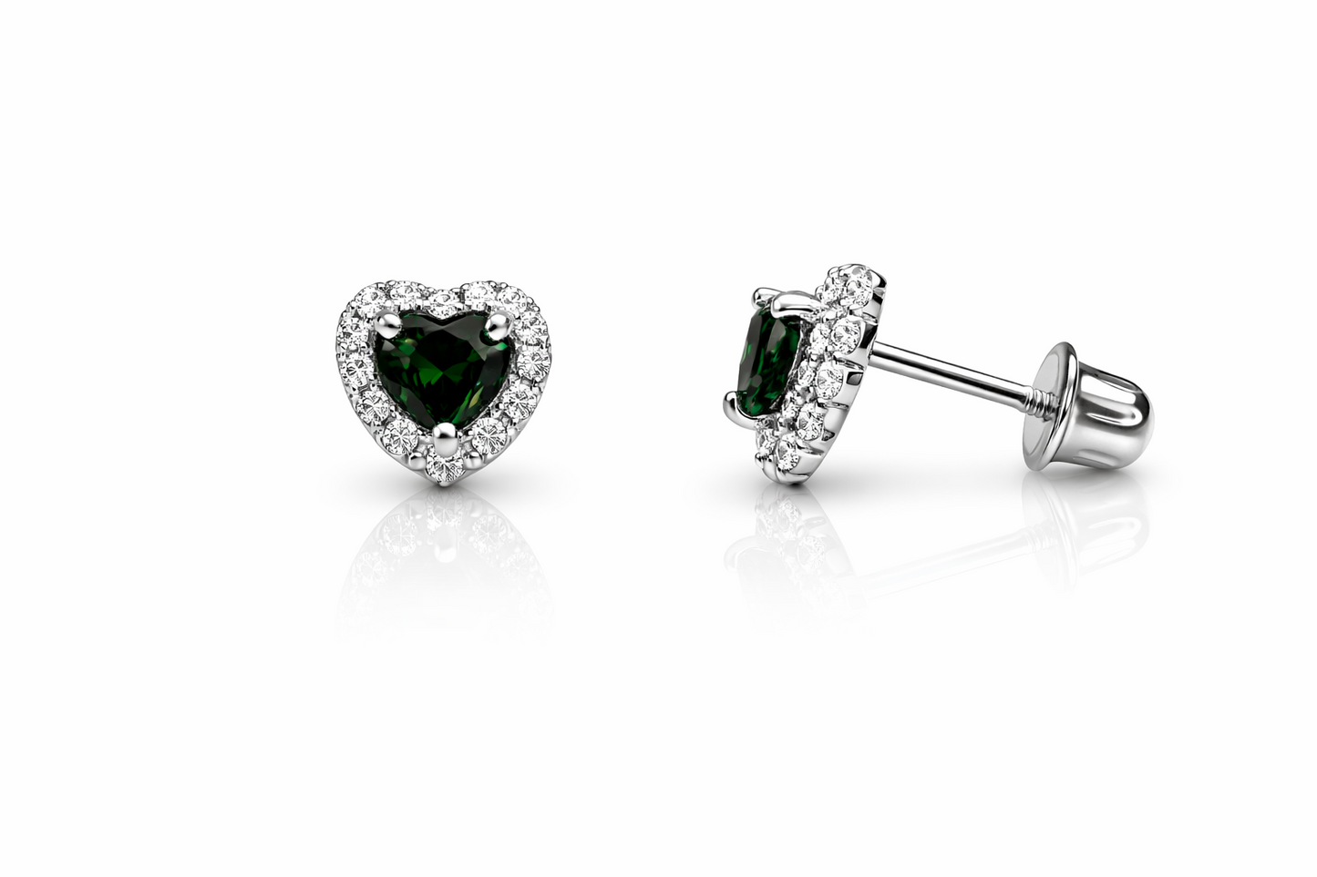 14K White Gold Halo Heart CZ Stud Earrings Screw Back