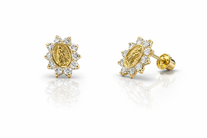 14K Yellow Gold Guadalupe Virgin Mary Screw Back CZ Stud Earrings