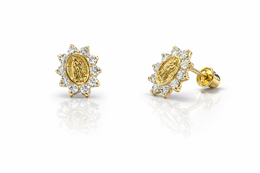 14K Yellow Gold Guadalupe Virgin Mary Screw Back CZ Stud Earrings