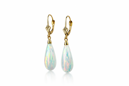 14k Yellow Gold Opal Leverback Earrings