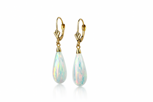 14k Yellow Gold Opal Leverback Earrings