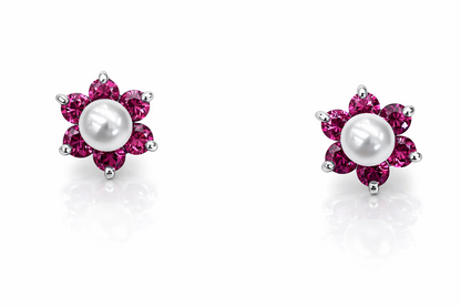 14k Yellow or White Gold Flower CZ Stud Earrings White Pearl with Screw Back