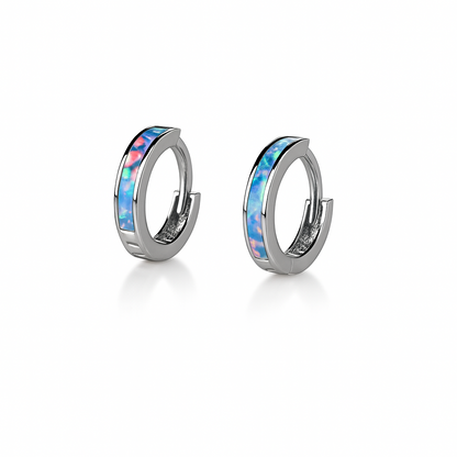 14k White Gold One Row Light Blue Opal Huggie Hoop Earrings