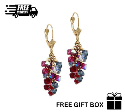 14k Yellow Gold Dangle Grape Leverback Earrings Made with Crystal from Swarovski