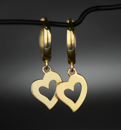 14k Yellow / White Gold Dangle Open Heart Huggie Earrings