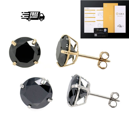 14K Gold GRA Certified D-VVS1 Round Black Moissanite Push Back Studs Earrings