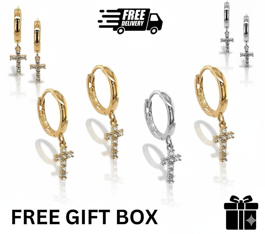 14k Yellow/White Gold Cross Dangle Hoop Huggie CZ Earrings