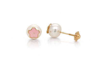 14k Yellow Gold Enamel Flower With Genuine Pearl Screw Back Stud Earrings