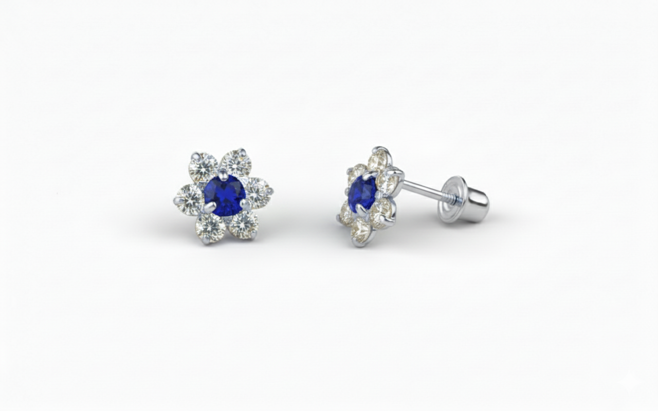 14K White Gold Beautiful Flower CZ Stud Earrings for Women