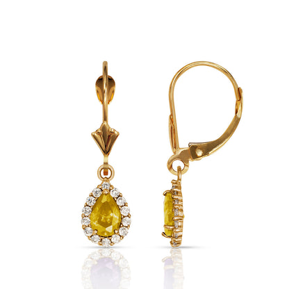 14k Yellow Gold Halo CZ Tear Drop Dangle Leverback Earrings