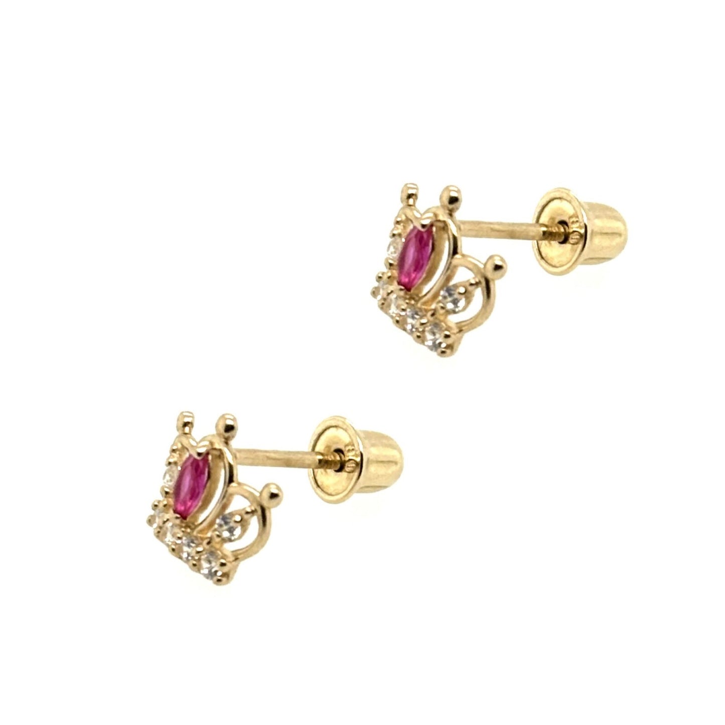 14K Solid Yellow Gold Crown Screw Back CZ Stud Earrings