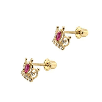14K Solid Yellow Gold Crown Screw Back CZ Stud Earrings