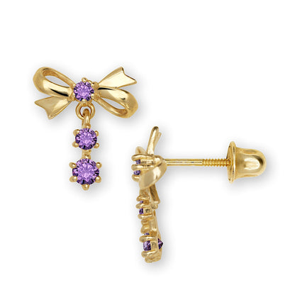 14K Yellow & White Gold Pretty Bow Dangle Earrings for Girls
