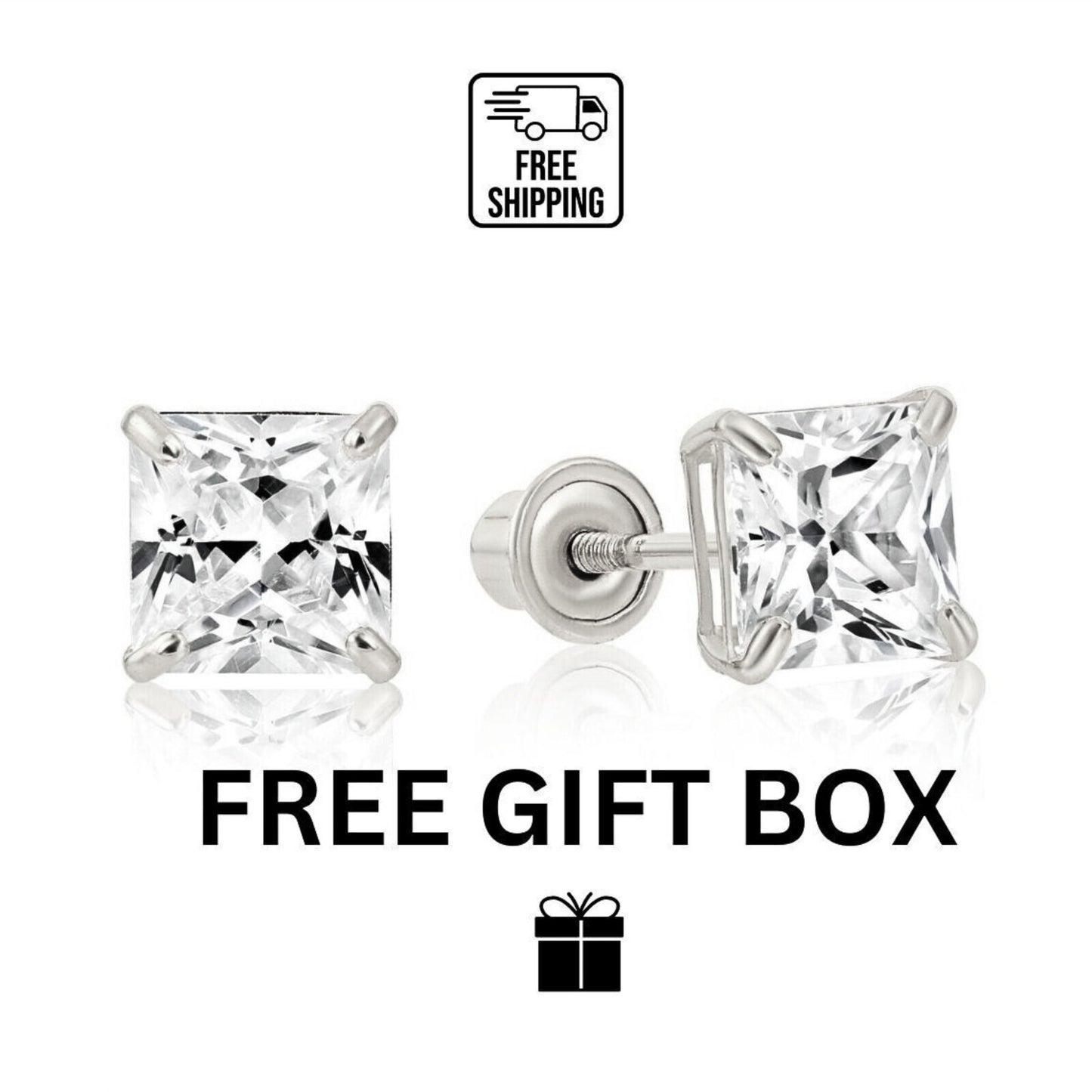14k White Gold Square Princess Cut CZ Stud Earrings with screw back 3-7mm