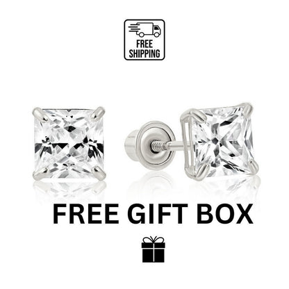 14k White Gold Square Princess Cut CZ Stud Earrings with screw back 3-7mm