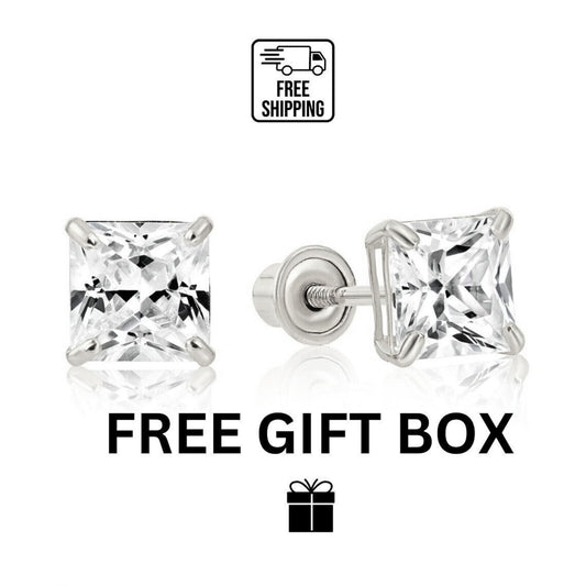 14k White Gold Square Princess Cut CZ Stud Earrings with screw back 3-7mm