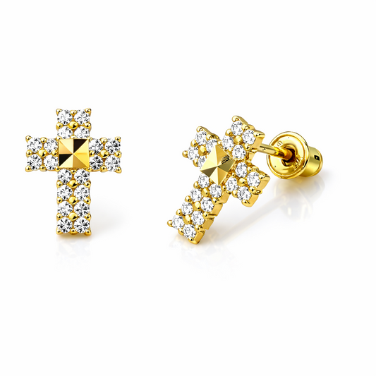 14K Yellow or White Gold CZ Cross Earring