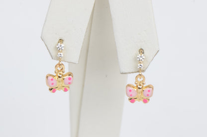 14K Solid Yellow Gold Butterfly Dangle Earring with Enamel